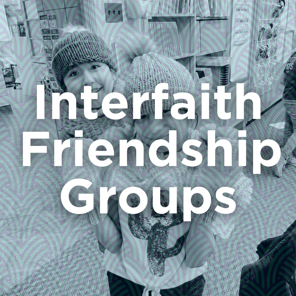 "Interfaith Friendship Groups" written in white over background of weave pattern and two kids in woven hats and mittens